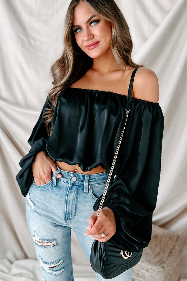 Off My Mind Balloon Sleeve Crop Top (Black) - NanaMacs