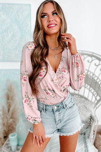 Making It Last Floral Long Sleeve Surplice Bodysuit (Light Mauve) - NanaMacs