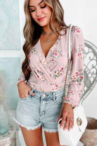 Making It Last Floral Long Sleeve Surplice Bodysuit (Light Mauve) - NanaMacs