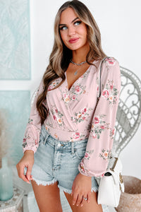 Making It Last Floral Long Sleeve Surplice Bodysuit (Light Mauve) - NanaMacs