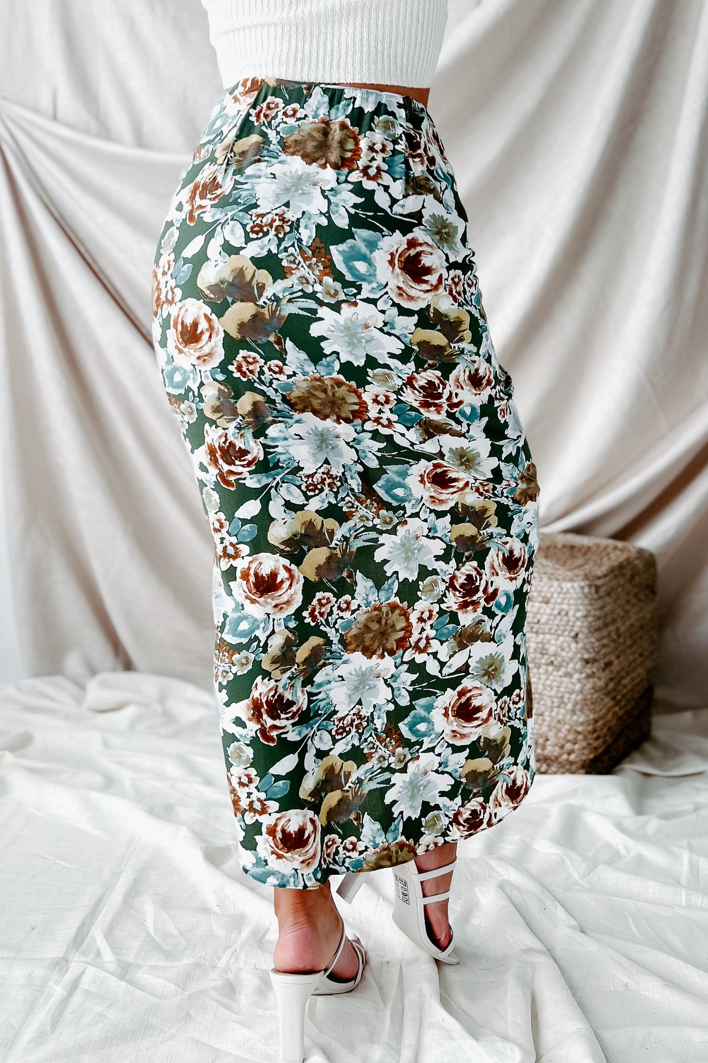 Karsten Ruched Floral Midi Skirt (Green) - NanaMacs