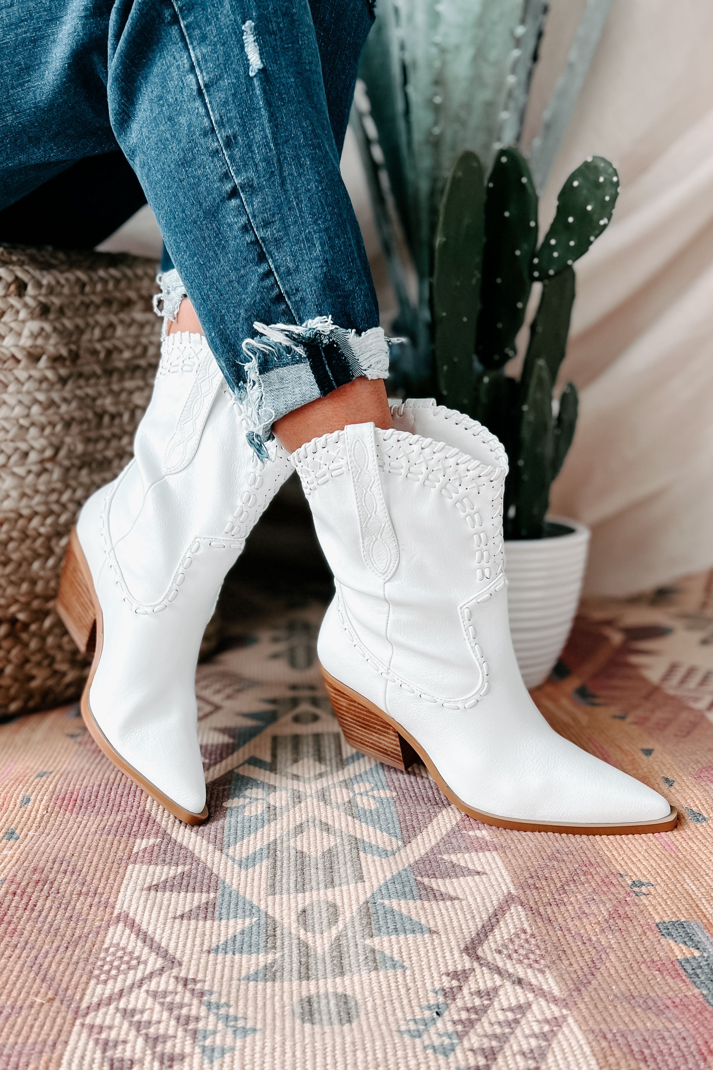 Cazey Whip Stitched Mid-Calf Billini Booties (White) - NanaMacs