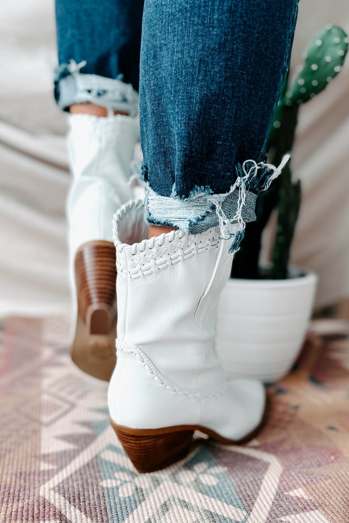 Cazey Whip Stitched Mid-Calf Billini Booties (White) - NanaMacs