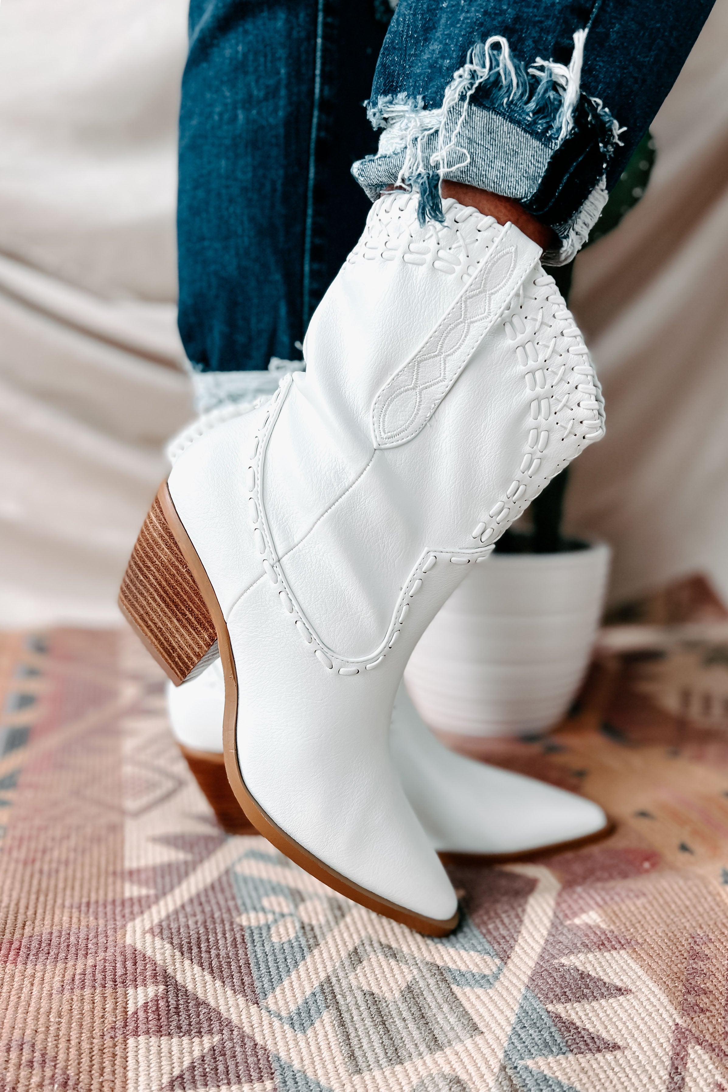 Cazey Whip Stitched Mid-Calf Billini Booties (White) - NanaMacs