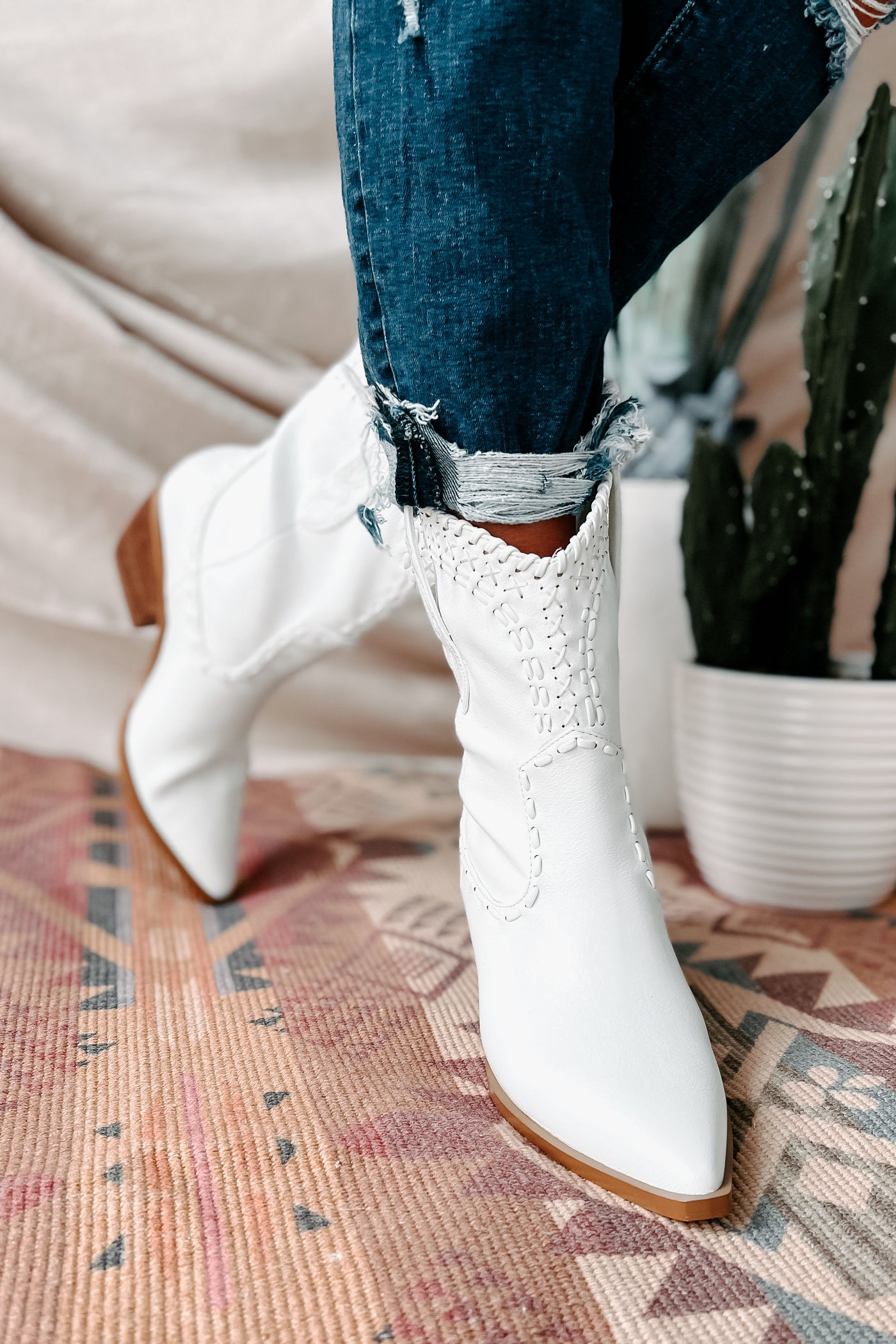 Cazey Whip Stitched Mid-Calf Billini Booties (White) - NanaMacs