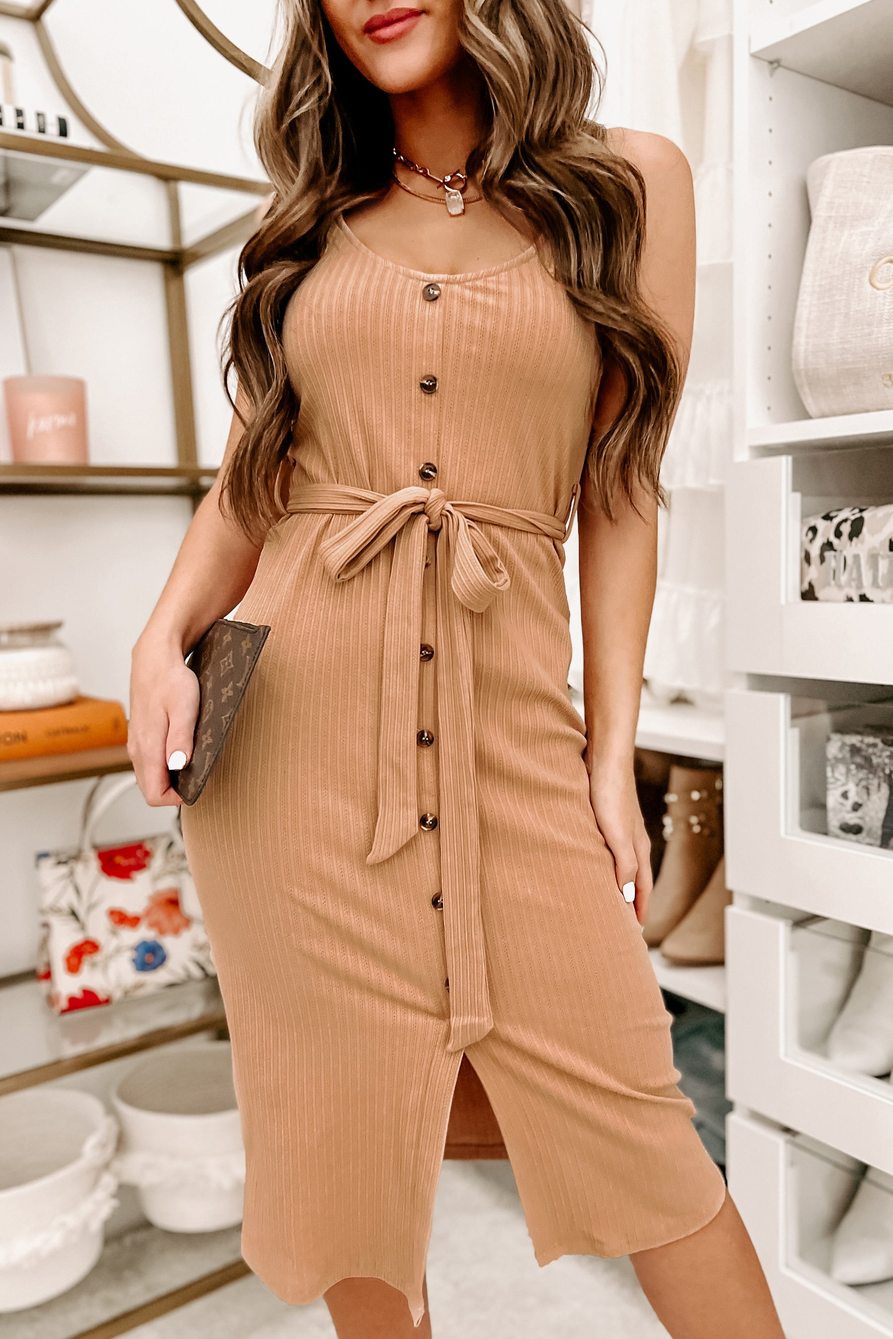 Seeing Other People Ribbed Button-Front Midi Dress (Tan) - NanaMacs