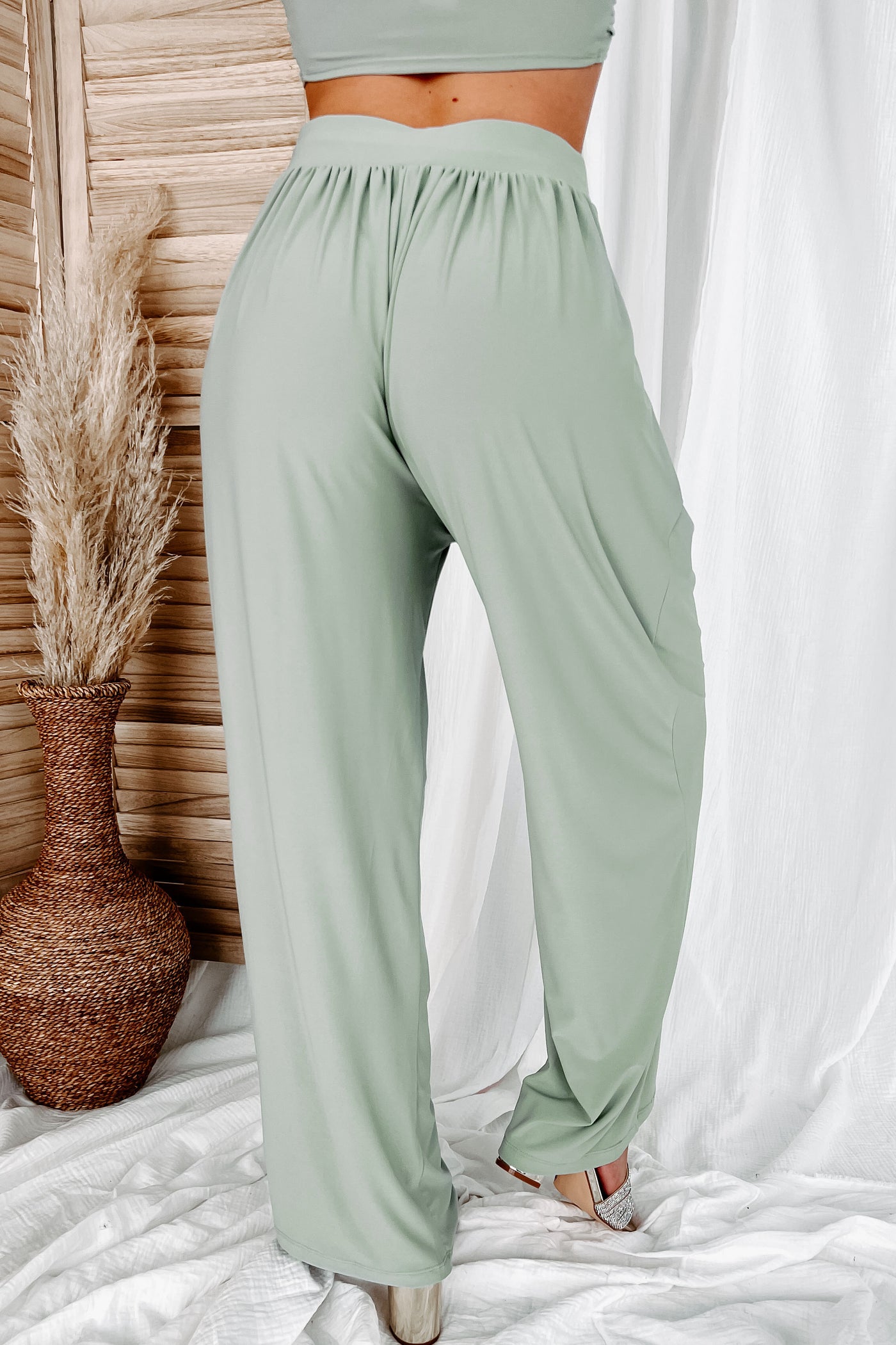 Vacation Mindset Strapless Tie Top & Pants Set (Sage Olive) - NanaMacs