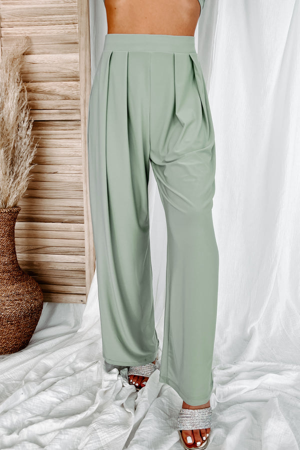 Vacation Mindset Strapless Tie Top & Pants Set (Sage Olive) - NanaMacs