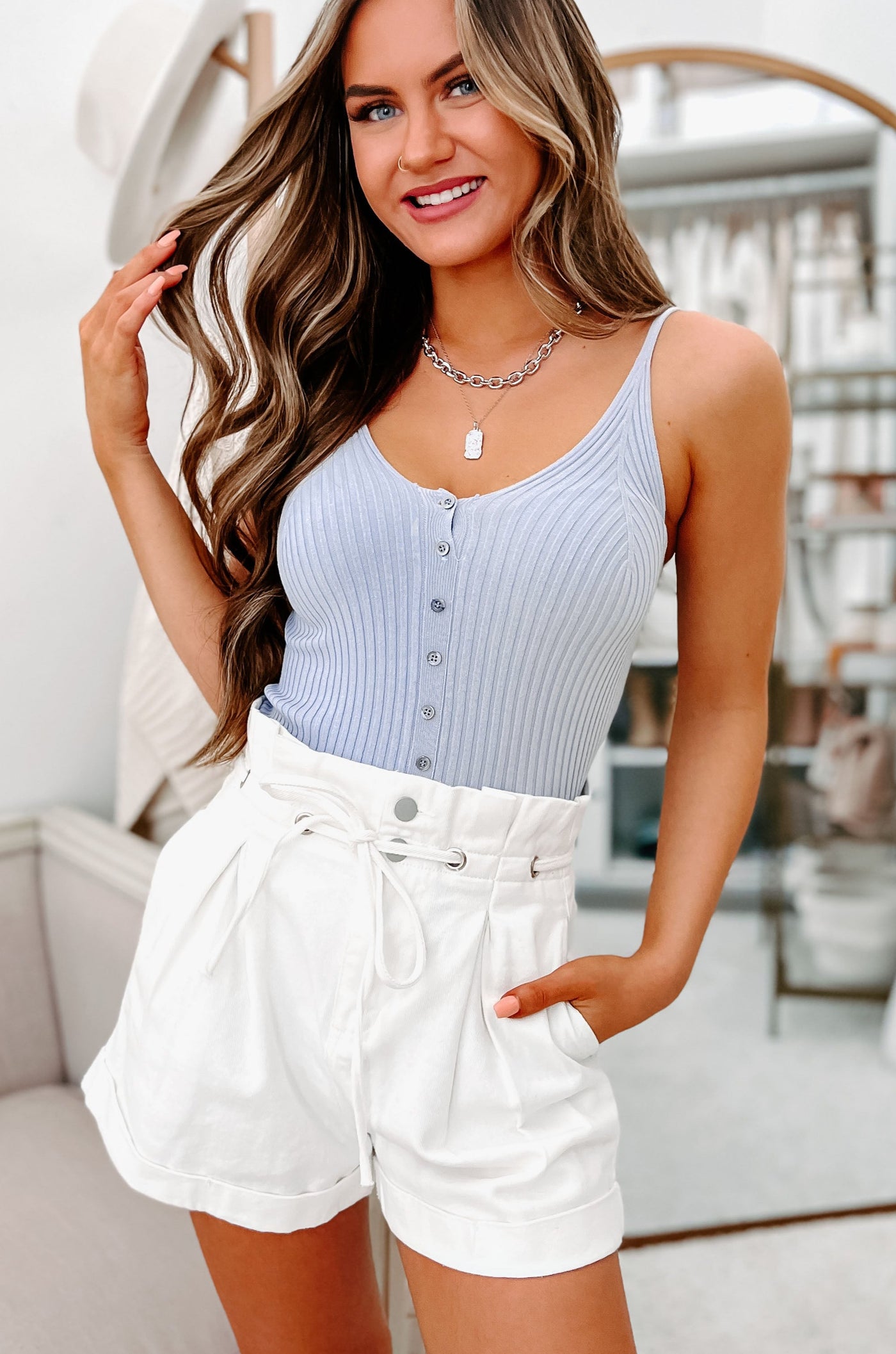Counting The Minutes Ribbed Button-Front Tank Top (Dusty Blue) - NanaMacs