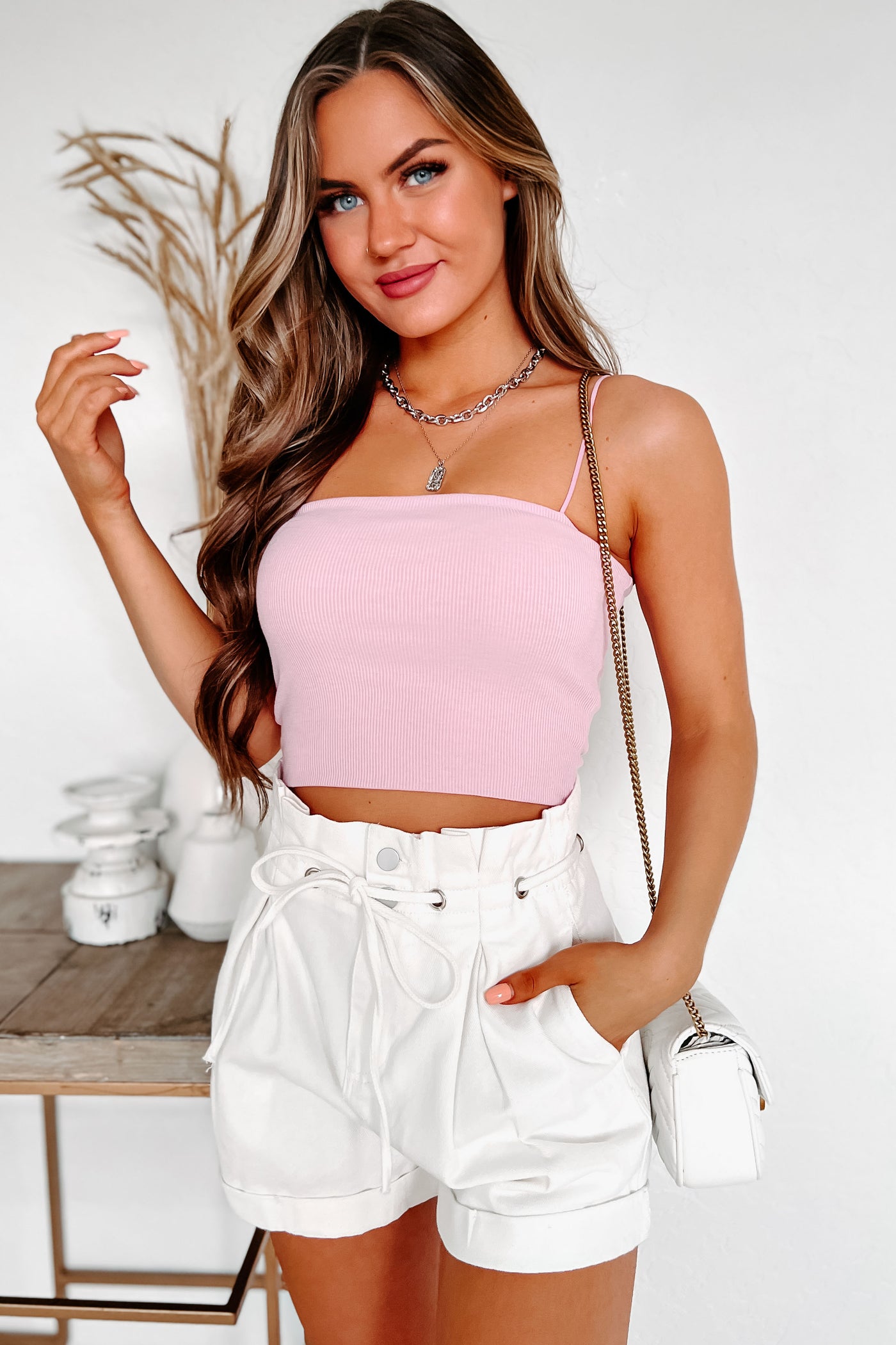 Pretty Pleased Double-Layered Ribbed Crop Top (Light Pink) - NanaMacs