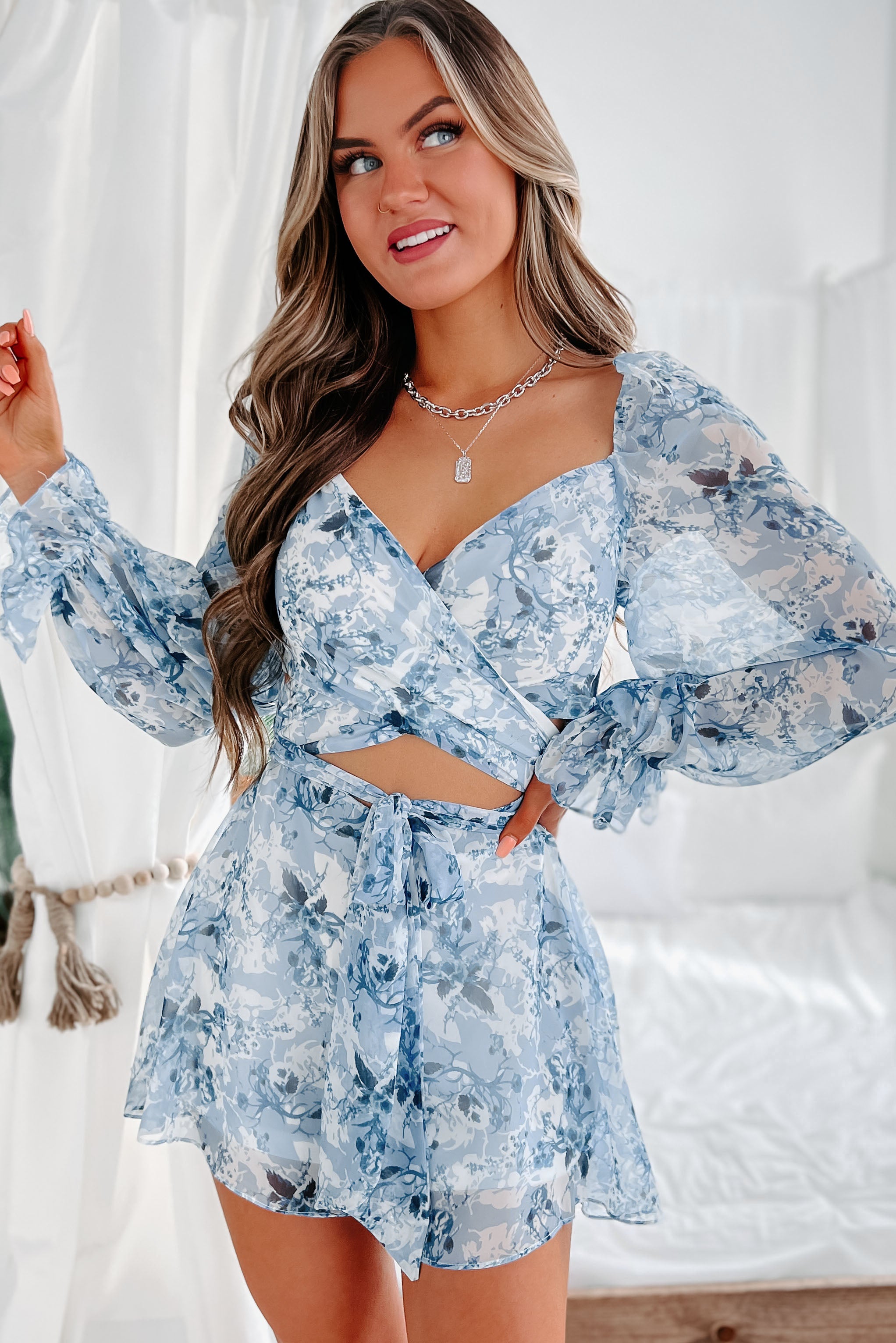 Only One I Want Floral Long Sleeve Cut-Out Romper (Blue) - NanaMacs