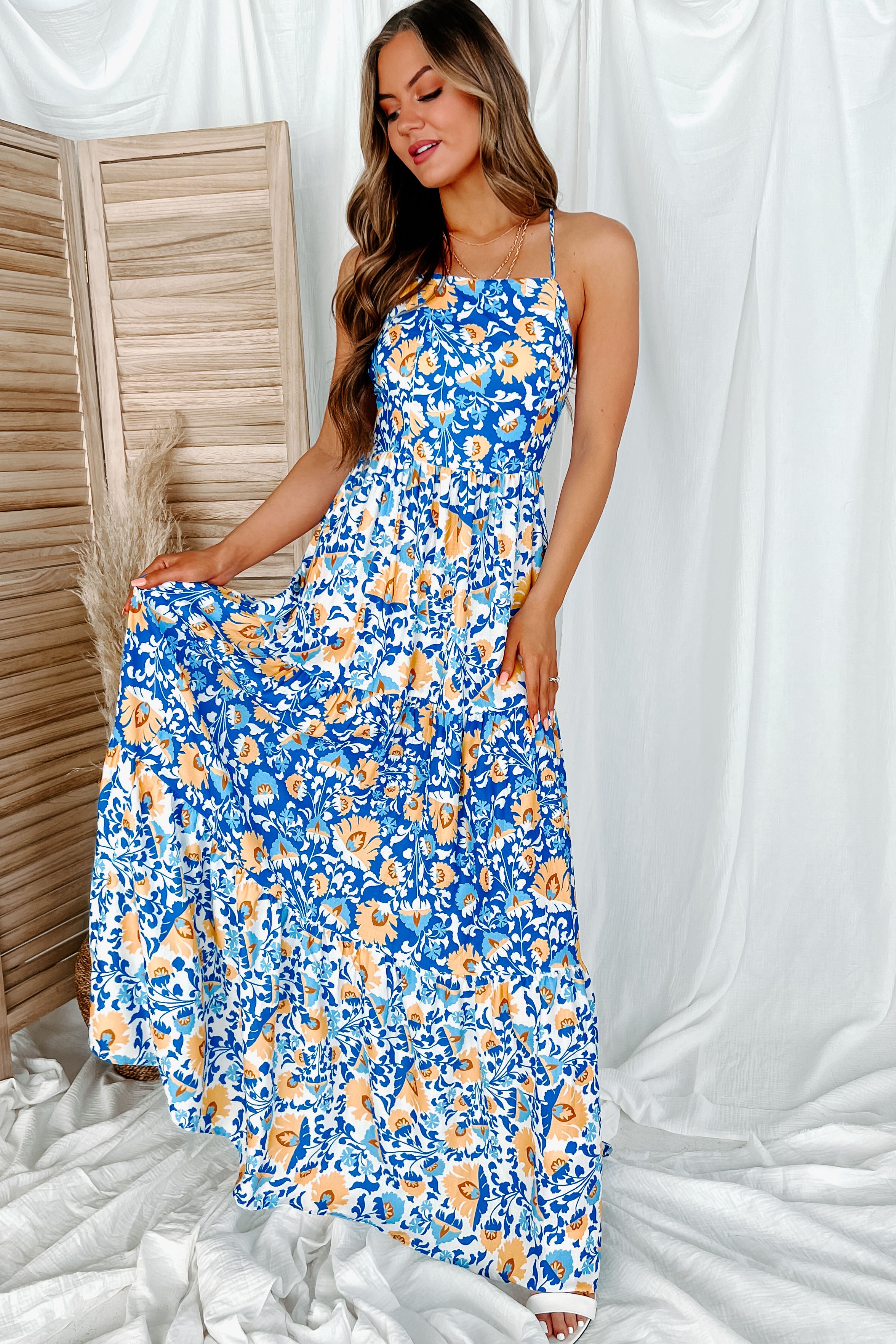 Vacay State Of Mind Cross Back Floral Maxi Dress (Blue) - NanaMacs