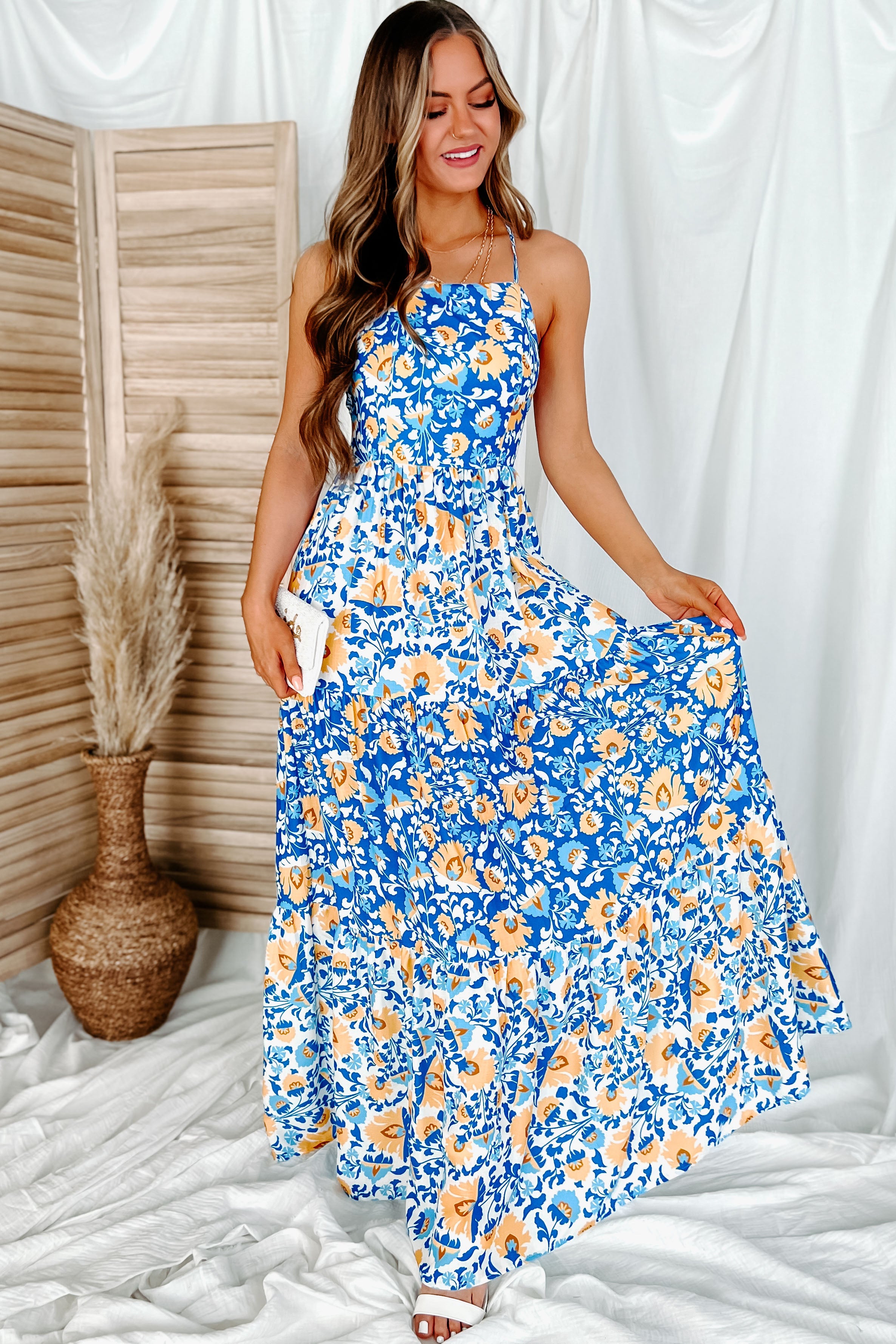 Vacay State Of Mind Cross Back Floral Maxi Dress (Blue) - NanaMacs