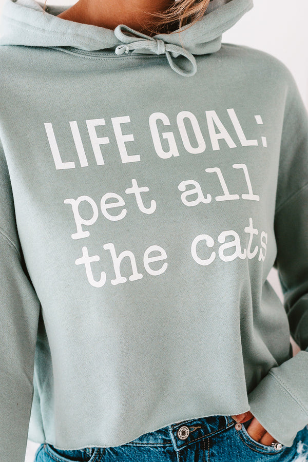 "Life Goal: Pet All The Cats" Cropped Graphic Hoodie (Sage) - Print On Demand - NanaMacs