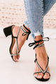 IMPERFECT Larissa Rhinestone Ankle Wrap Heeled Sandals (Black) - NanaMacs