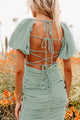 Memorable Nights Puff Sleeve Lace Back Ruched Mini Dress (Jade) - NanaMacs