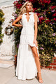 Design Diva Button-Front Tiered Linen Maxi Dress (White) - NanaMacs
