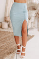 Sage Advice Ribbed Snap-Up Midi Bodycon Skirt (Blue Grey) - NanaMacs