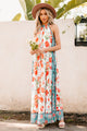 Mediterranean Nights Pleated Floral Halter Maxi Dress (Ivory/Teal) - NanaMacs