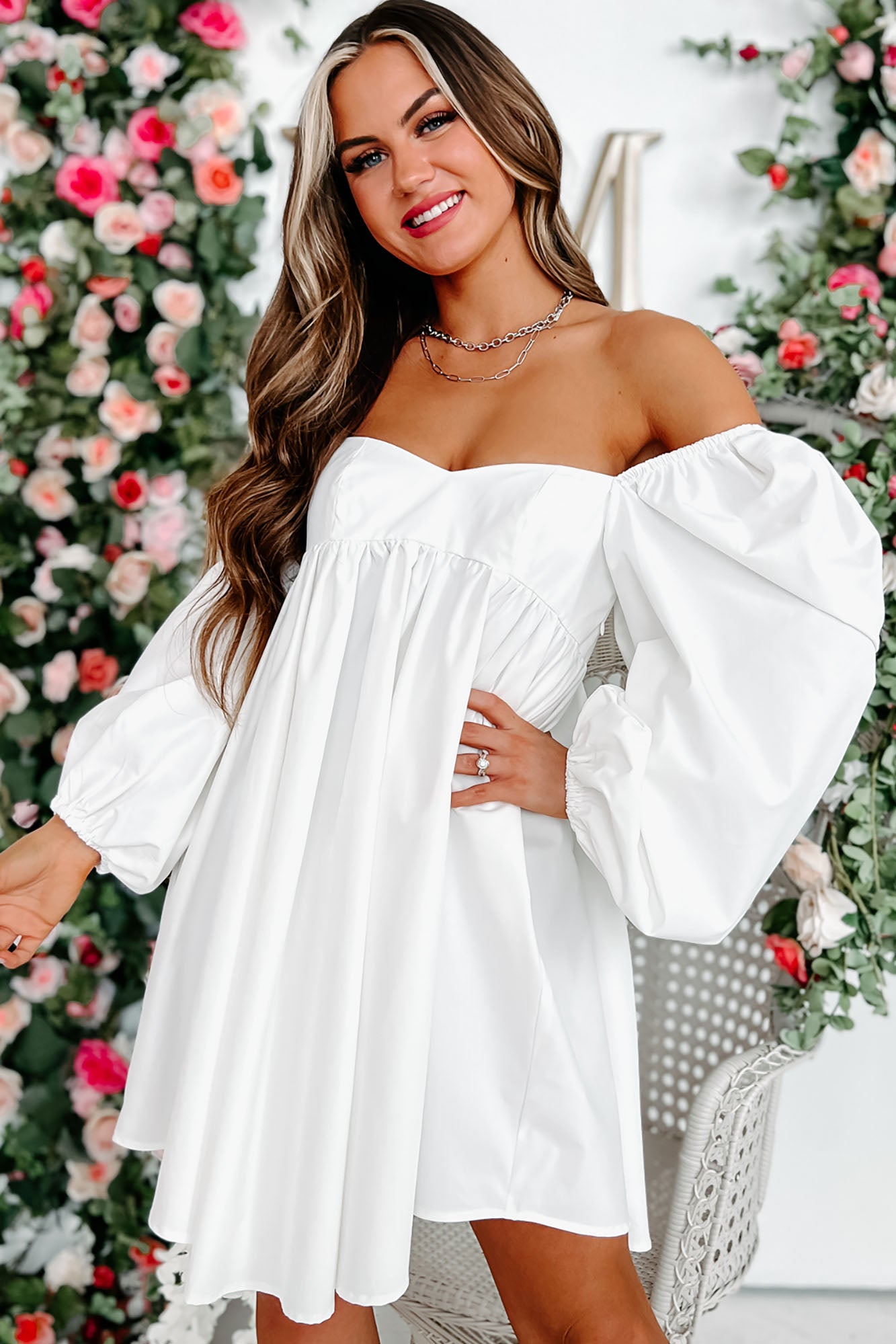 Angel Eyes Long Sleeve Babydoll Dress White