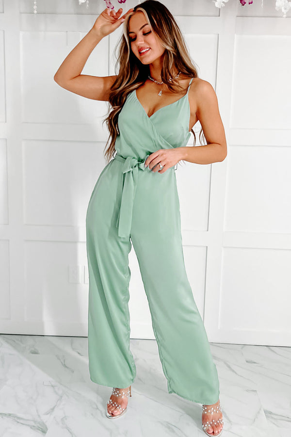 Luxe Nights Satin Surplice Jumpsuit (Sea Green) - NanaMacs