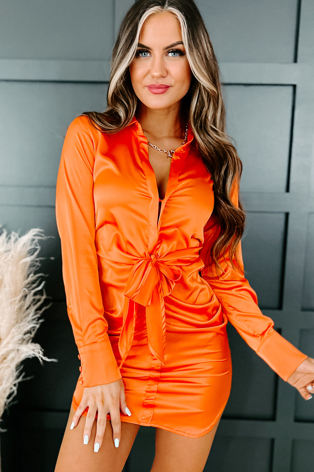 Shattering Expectations Tie-Front Satin Shirt Dress (Orange) - NanaMacs
