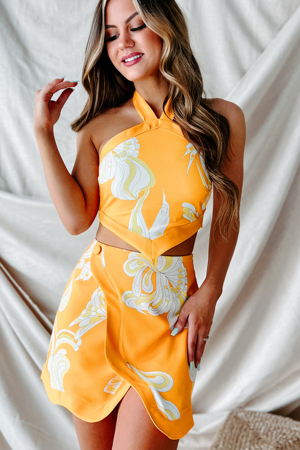 Groovy Gal Retro Print Crop Top & Skirt Set (Orange) - NanaMacs