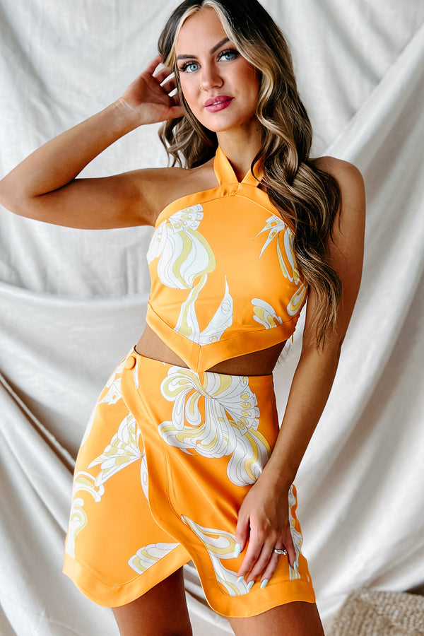 Groovy Gal Retro Print Crop Top & Skirt Set (Orange) - NanaMacs