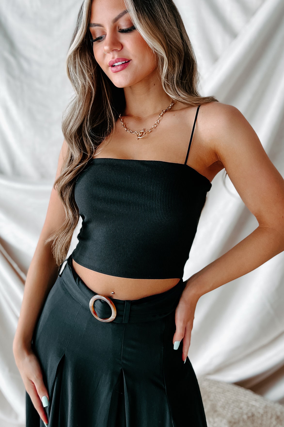 Pretty Pleased Double-Layered Ribbed Crop Top (Black) - NanaMacs