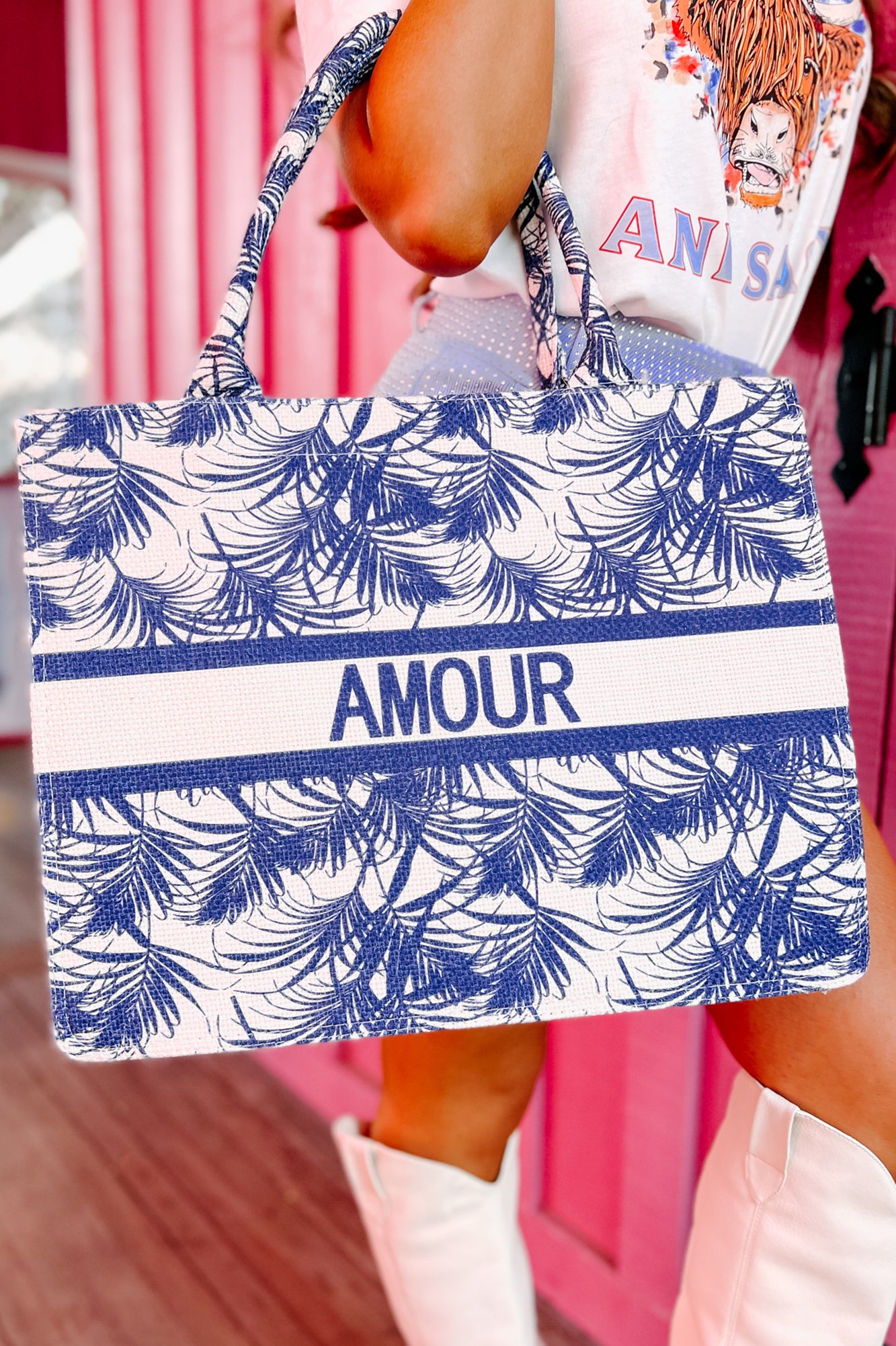 "Amour" Tropical Print Tote (Navy) - NanaMacs