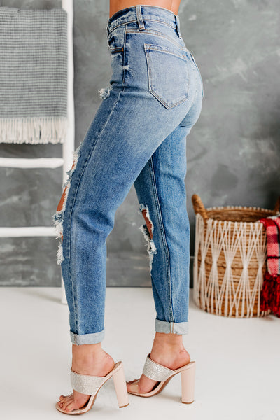 Complicated Feelings High Rise Distressed Cello Mom Jeans (Medium Denim) - NanaMacs