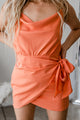 Sweet Remedy Cowl Neck Wrapped Waist Mini Dress (Orange) - NanaMacs