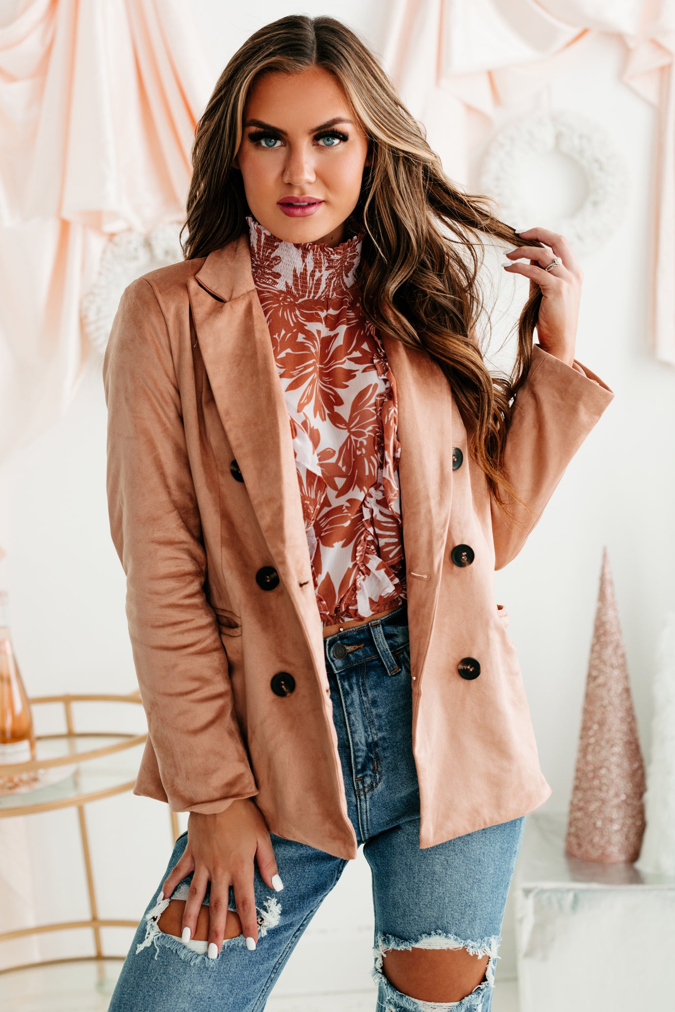 Dignified Demeanor Faux Suede Double-Breasted Oversized Jacket (Blush) - NanaMacs