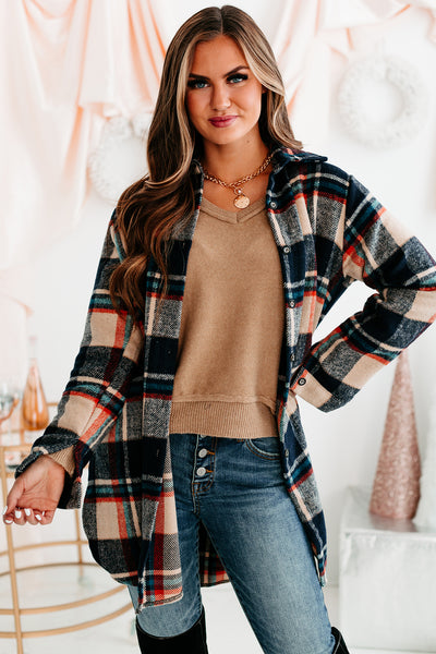 Emotional Overload Lightweight Plaid Shacket (Navy/Taupe) - NanaMacs