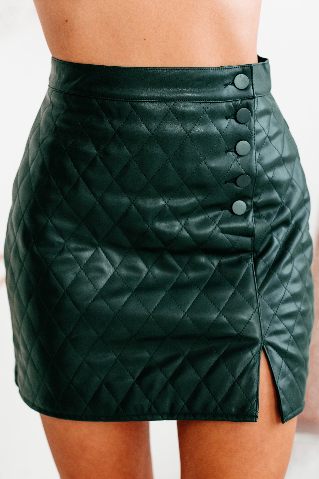 Out Of The Ordinary Quilted Faux Leather Mini Skirt (Deep Green