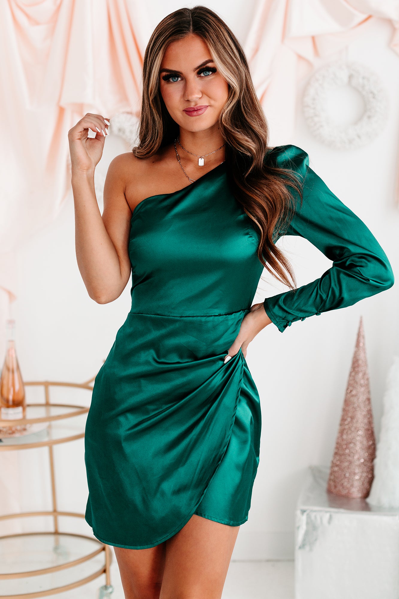 Elegant Touch One Shoulder Satin Mini Dress (Hunter Green) · NanaMacs