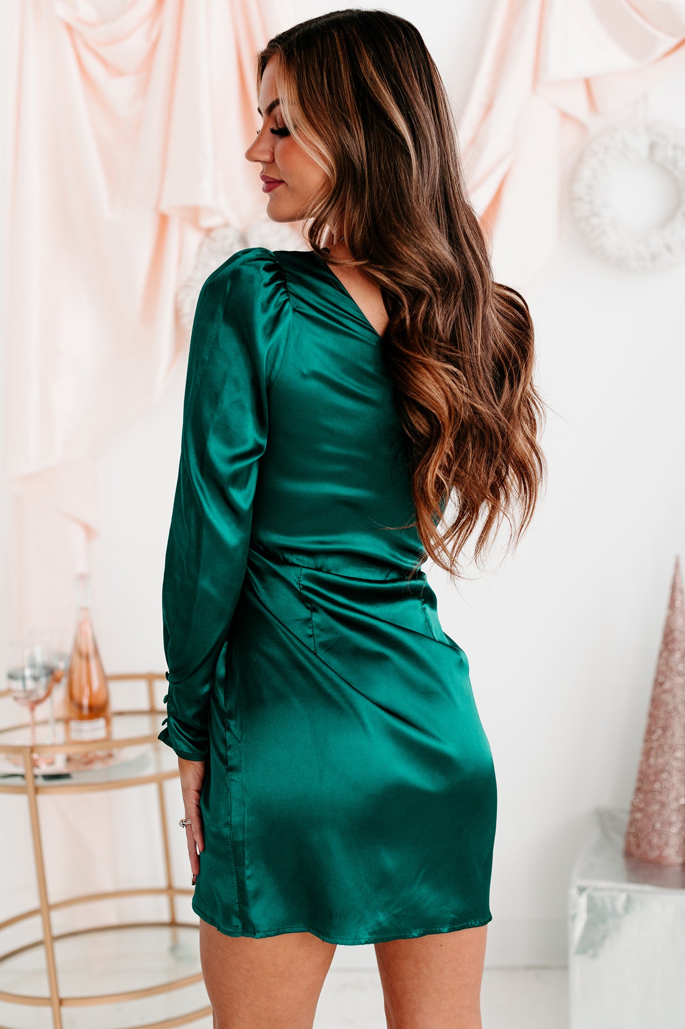 Elegant Touch One Shoulder Satin Mini Dress (Hunter Green) - NanaMacs