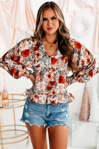 Perfectly Bloomed Floral Satin Babydoll Top (Silver/Cream/Burgundy) - NanaMacs