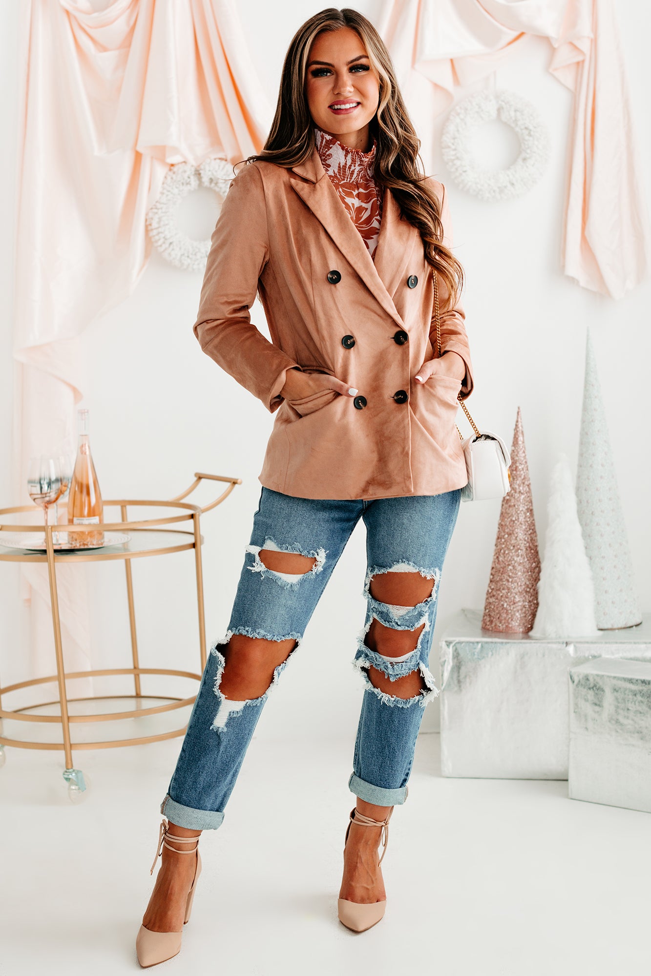 Dignified Demeanor Faux Suede Double-Breasted Oversized Jacket (Blush) - NanaMacs