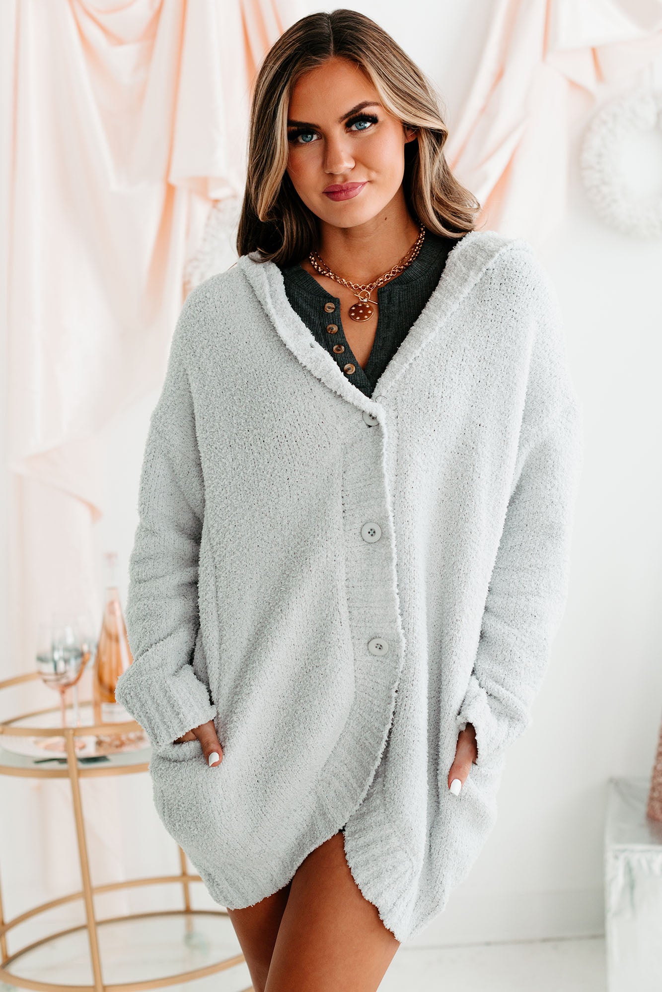 Hold Me Forever Fuzzy Sweater Knit Hooded Cardigan (Grey) - NanaMacs