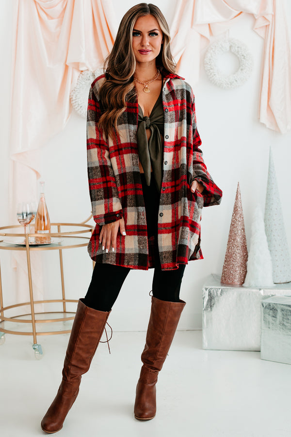 Emotional Overload Lightweight Plaid Shacket (Ivory/Red) - NanaMacs