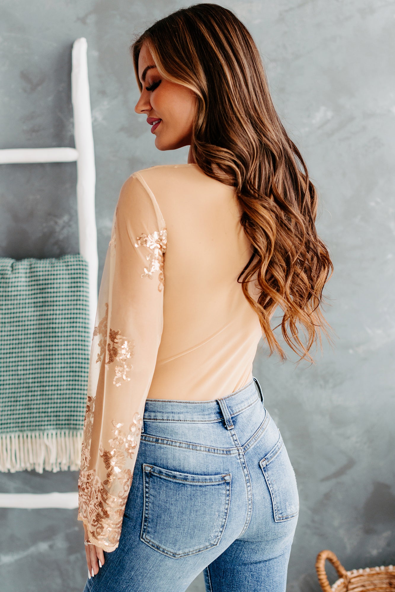 Star Of The Show Sequin Mesh Bell Sleeve Bodysuit (Rose Gold