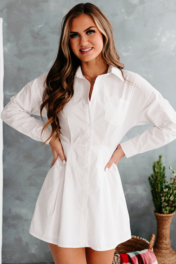 A Fine Romance Button-Front Pleated Shirt Dress (White) - NanaMacs