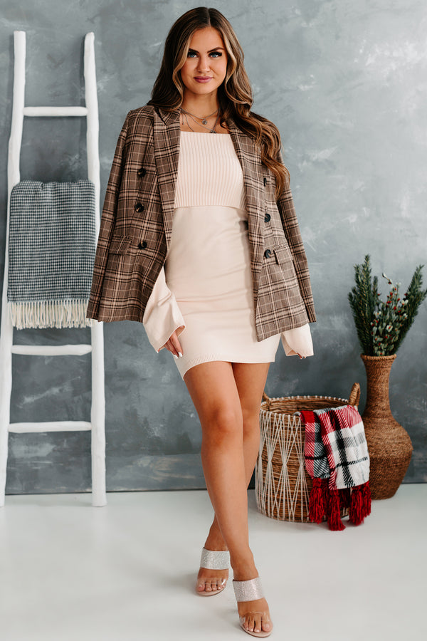 London Proper Double-Breasted Oversized Plaid Jacket (Brown) - NanaMacs