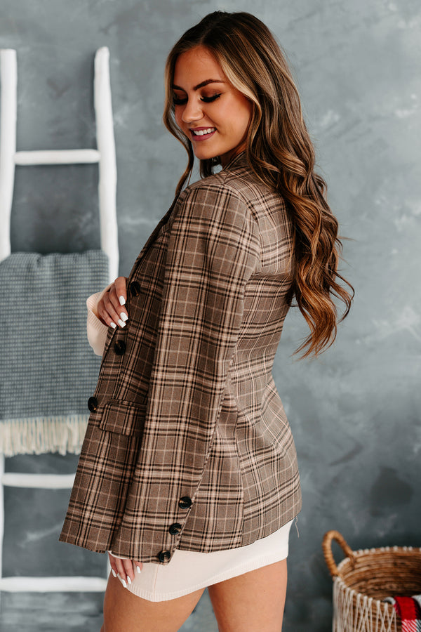 London Proper Double-Breasted Oversized Plaid Jacket (Brown) - NanaMacs