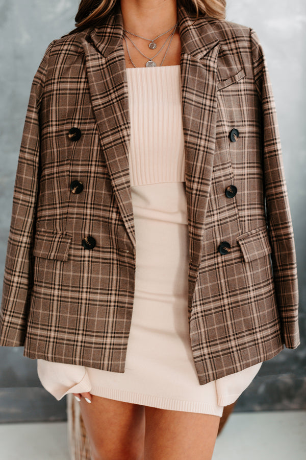 London Proper Double-Breasted Oversized Plaid Jacket (Brown) - NanaMacs