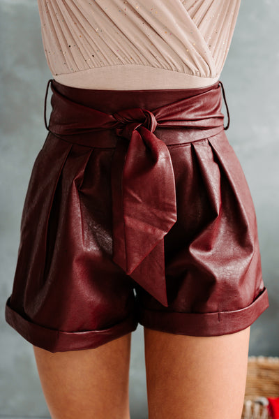 High Waisted Faux Leather Shorts - Burgundy – Scarlet Clothing
