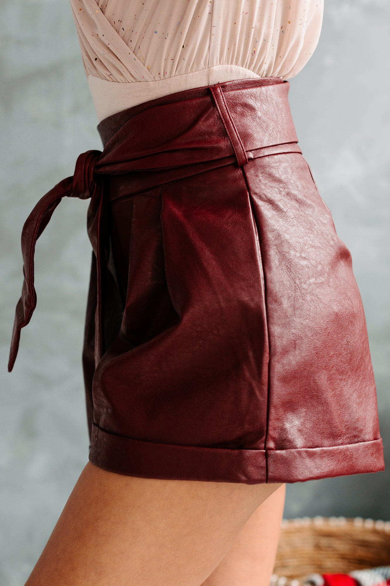 Stylish Under Pressure High Waisted Faux Leather Shorts (Burgundy) - NanaMacs