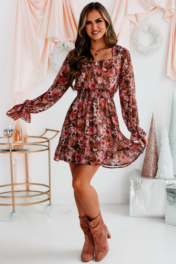 Season Of Sweetness Floral Long Sleeve Mini Dress (Brown/Brick) - NanaMacs