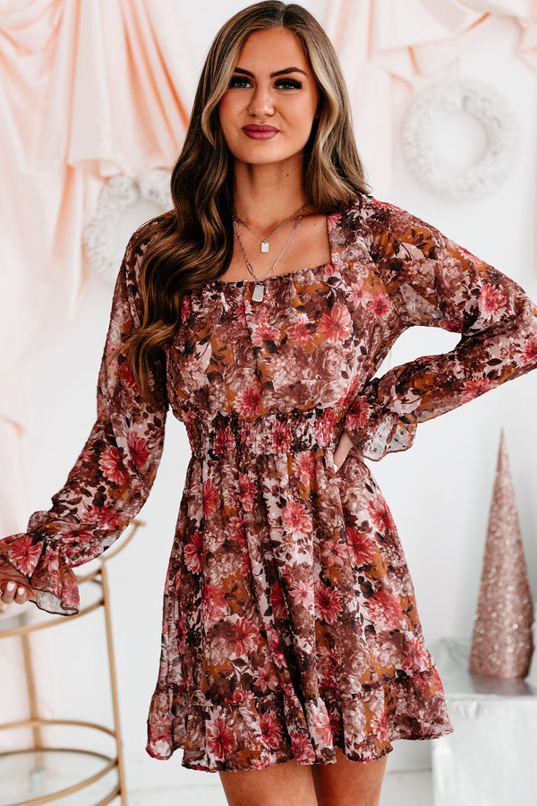 Season Of Sweetness Floral Long Sleeve Mini Dress (Brown/Brick) - NanaMacs